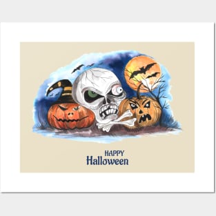 Happy Halloween Skull Pumpkin Posters and Art